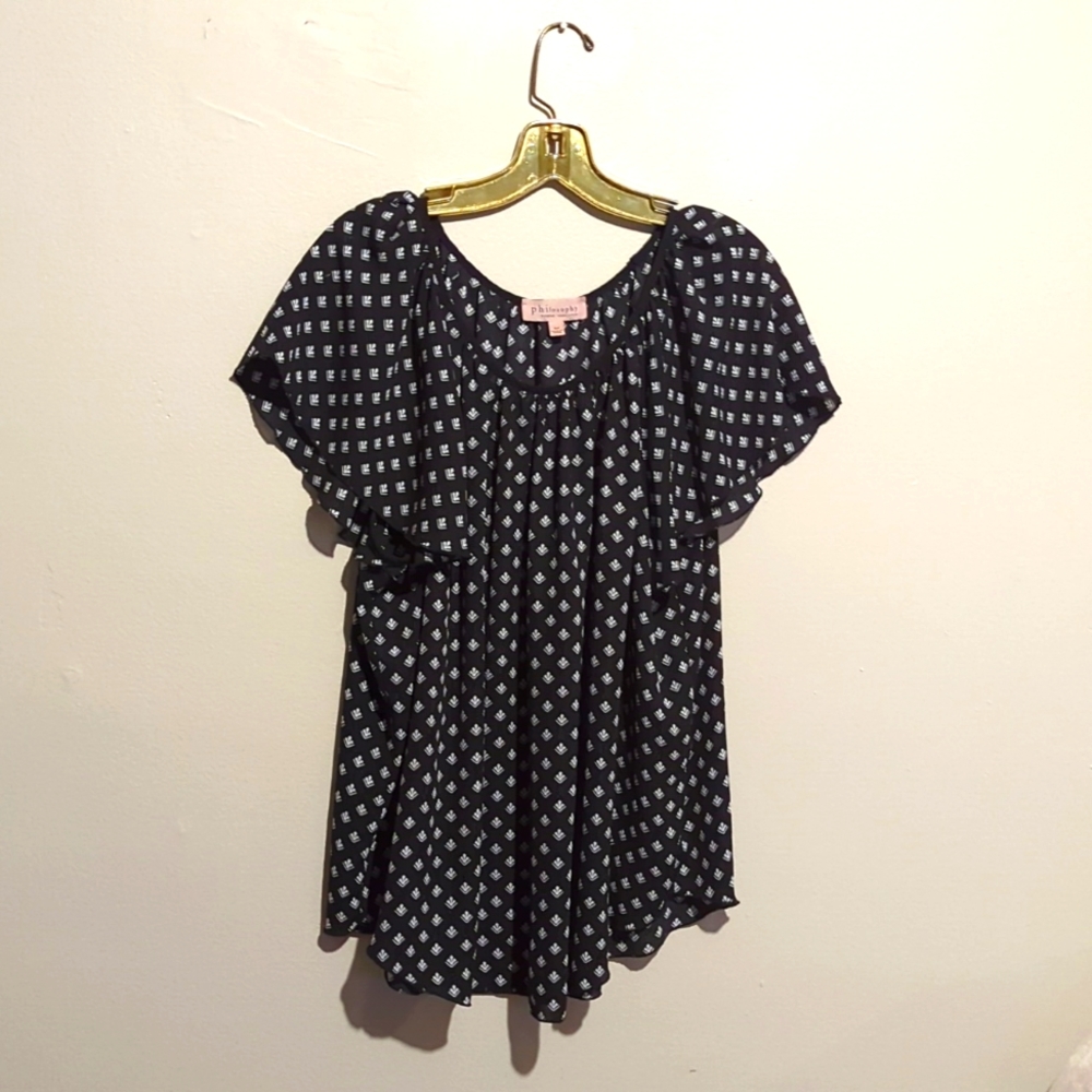 Black Patterned Flutter Sleeve Women's Top